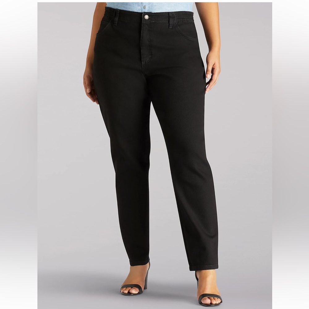 NWT! LEE WOMEN BLACK MID RISE TAPERED LEG SIDE ELASTIC JEANS: PLUS SIZE 20W:MED